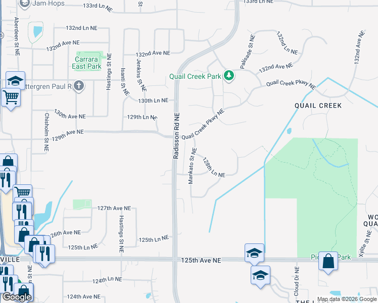 map of restaurants, bars, coffee shops, grocery stores, and more near 12883 Mankato Street Northeast in Blaine