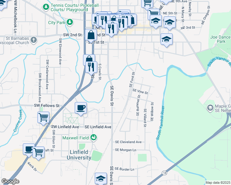 map of restaurants, bars, coffee shops, grocery stores, and more near 750 Southeast Davis Street in McMinnville