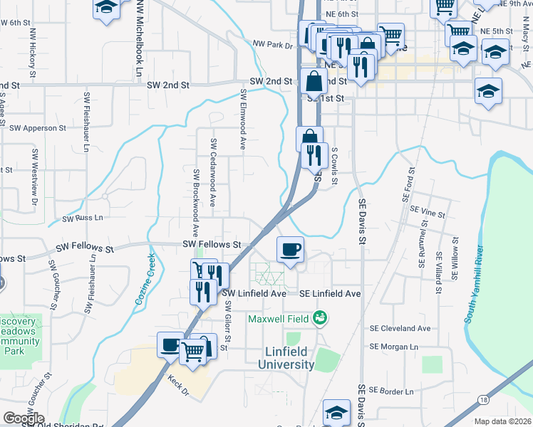 map of restaurants, bars, coffee shops, grocery stores, and more near 745 Southwest Baker Street in McMinnville