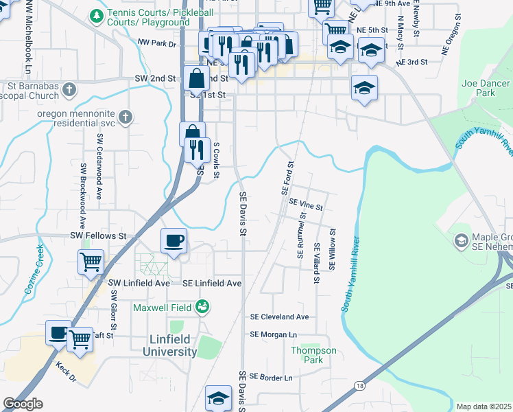map of restaurants, bars, coffee shops, grocery stores, and more near 732 Southeast Davis Street in McMinnville