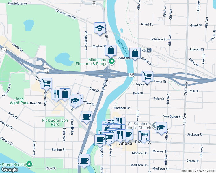map of restaurants, bars, coffee shops, grocery stores, and more near 2402 North Ferry Street in Anoka