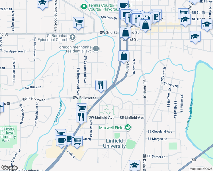 map of restaurants, bars, coffee shops, grocery stores, and more near 1501 Southwest Baker Street in McMinnville