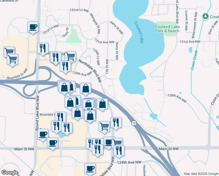 map of restaurants, bars, coffee shops, grocery stores, and more near 12851 Jonquil Street Northwest in Minneapolis