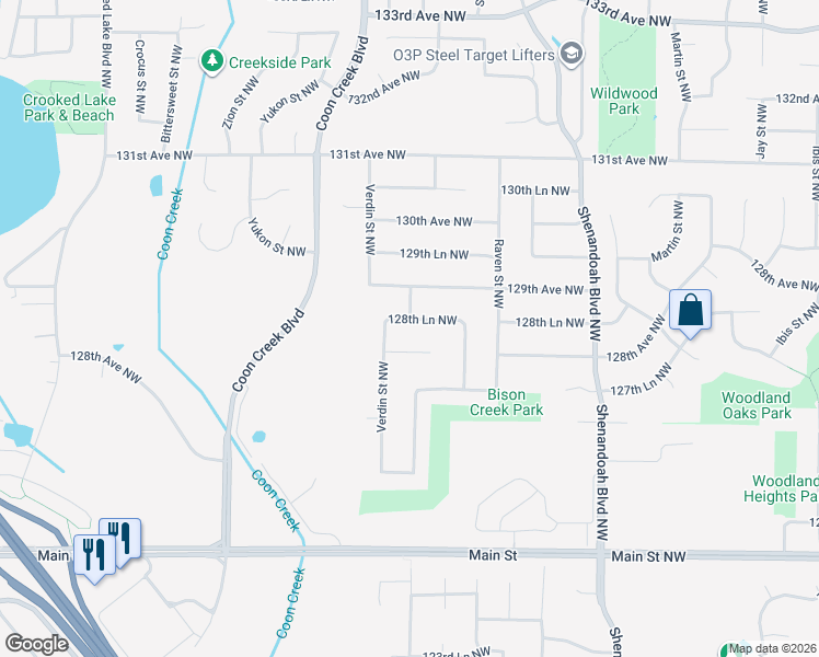 map of restaurants, bars, coffee shops, grocery stores, and more near 2324 128th Lane Northwest in Minneapolis
