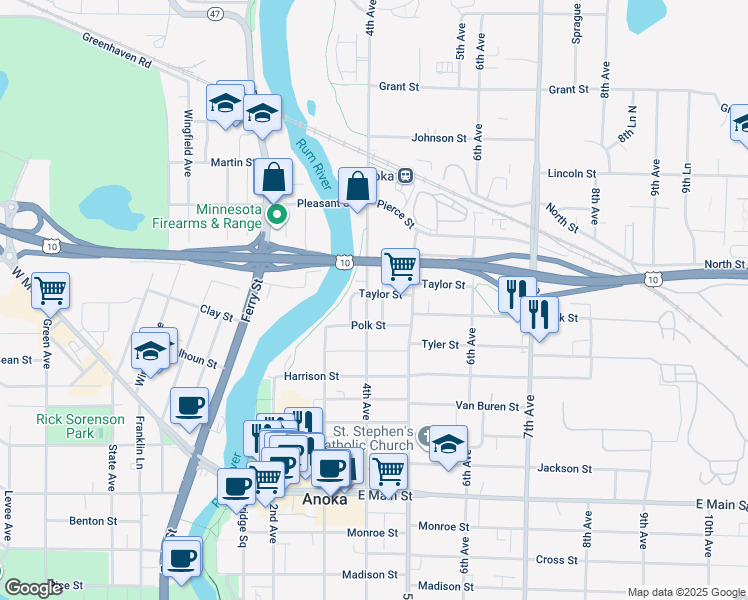map of restaurants, bars, coffee shops, grocery stores, and more near 2422 4th Avenue in Anoka