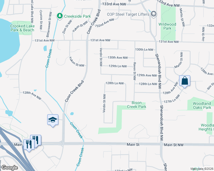 map of restaurants, bars, coffee shops, grocery stores, and more near 2324 128th Lane in Minneapolis