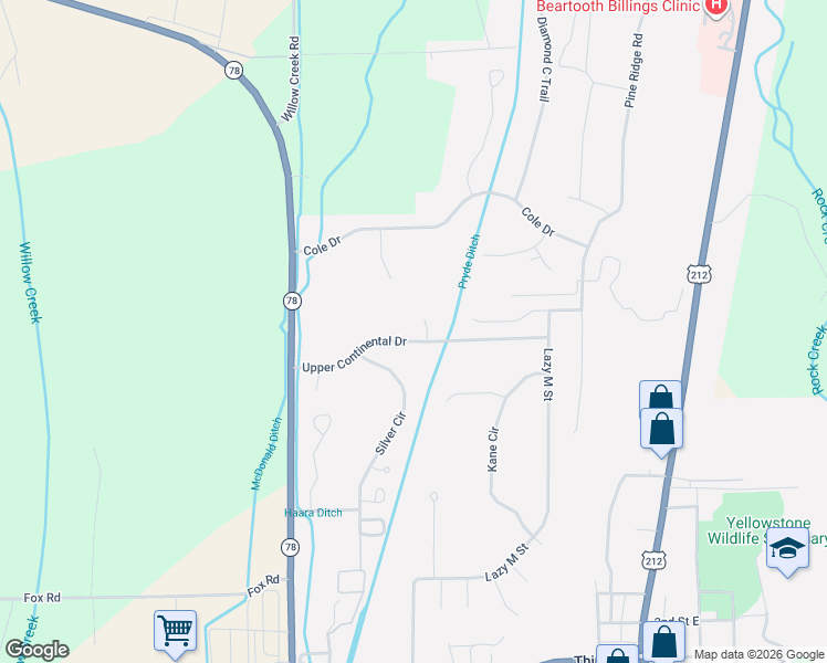 map of restaurants, bars, coffee shops, grocery stores, and more near 632 Upper Continental Drive in Red Lodge