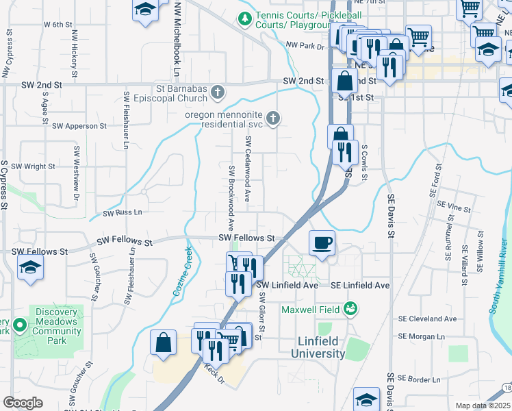 map of restaurants, bars, coffee shops, grocery stores, and more near 718 Southwest Cedarwood Avenue in McMinnville