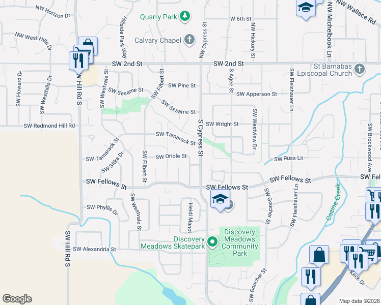 map of restaurants, bars, coffee shops, grocery stores, and more near 1715 Southwest Songbird Street in McMinnville