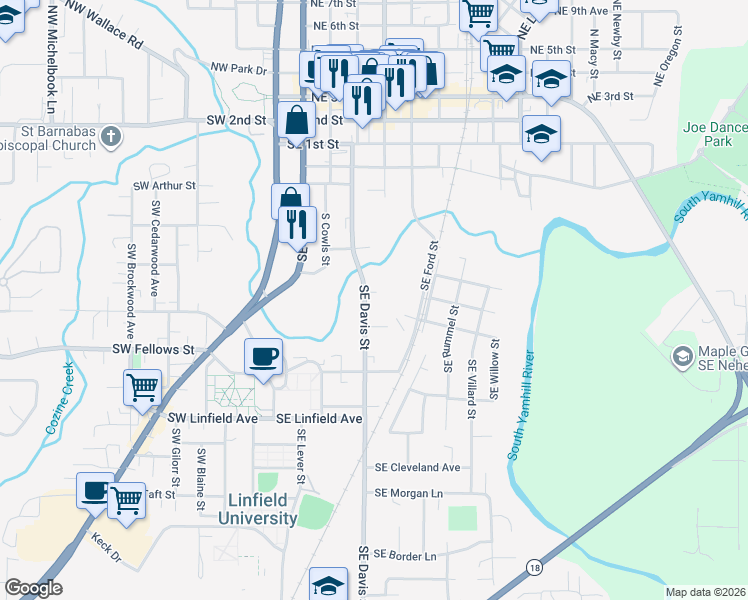map of restaurants, bars, coffee shops, grocery stores, and more near 716 Southeast Davis Street in McMinnville