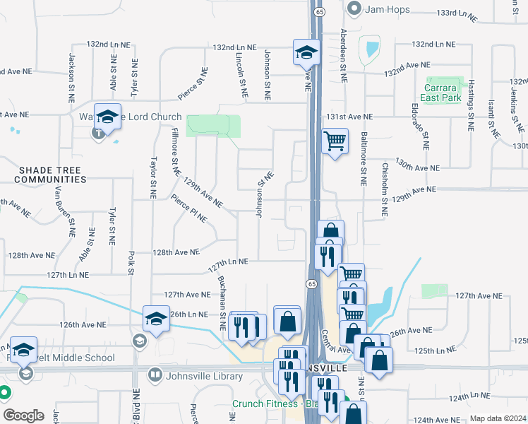 map of restaurants, bars, coffee shops, grocery stores, and more near 12941 Johnson Street Northeast in Blaine
