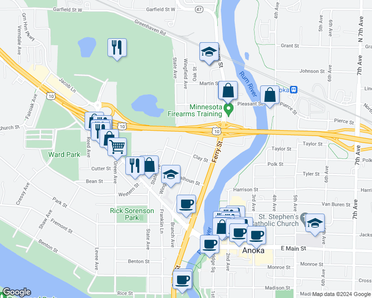 map of restaurants, bars, coffee shops, grocery stores, and more near 209 Clay Street in Anoka