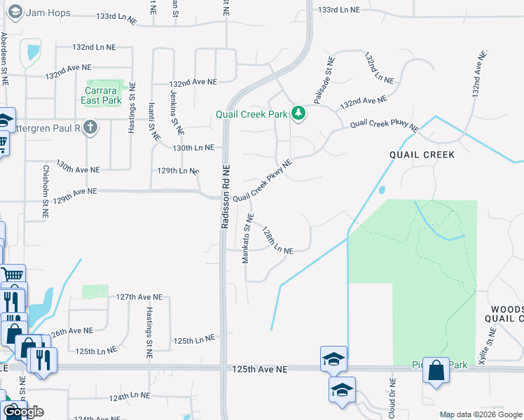 map of restaurants, bars, coffee shops, grocery stores, and more near 12883 Mankato Street Northeast in Blaine