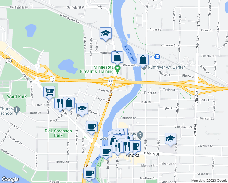 map of restaurants, bars, coffee shops, grocery stores, and more near 2402 North Ferry Street in Anoka