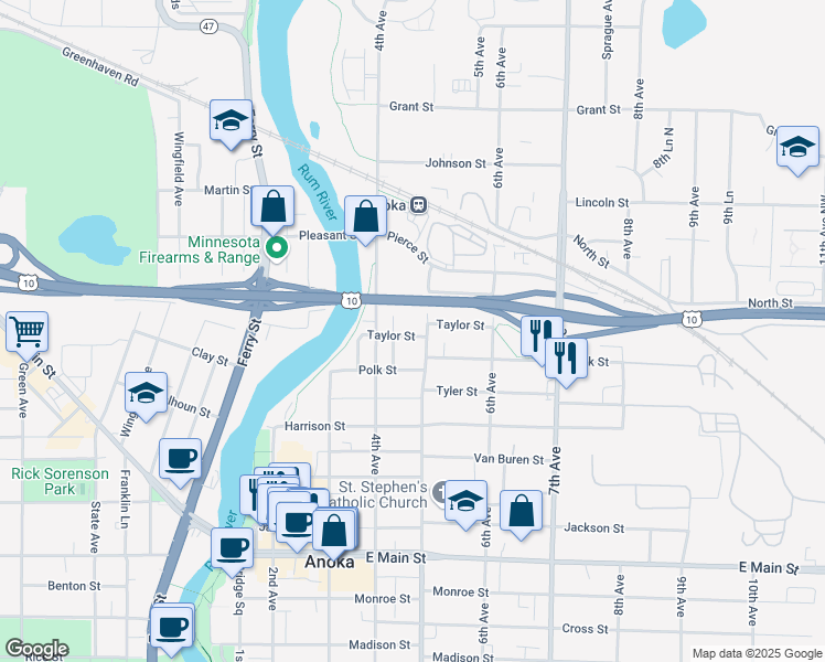 map of restaurants, bars, coffee shops, grocery stores, and more near 433 Taylor Street in Anoka