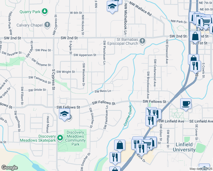 map of restaurants, bars, coffee shops, grocery stores, and more near 1290 Southwest Forest Glen Drive in McMinnville