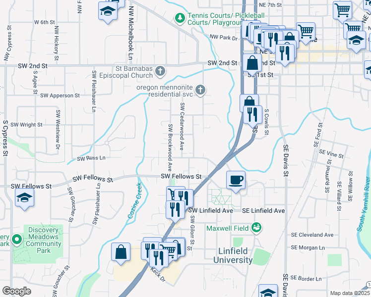 map of restaurants, bars, coffee shops, grocery stores, and more near 718 Southwest Cedarwood Avenue in McMinnville