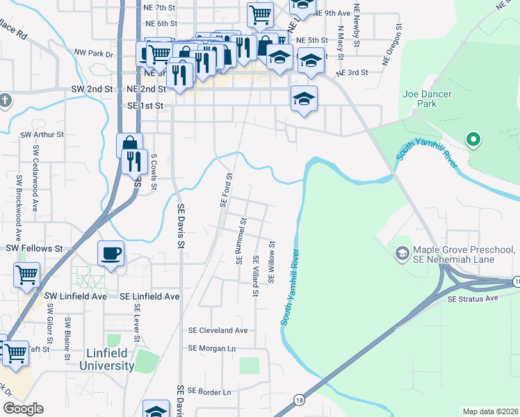 map of restaurants, bars, coffee shops, grocery stores, and more near 725 Southeast Villard Street in McMinnville