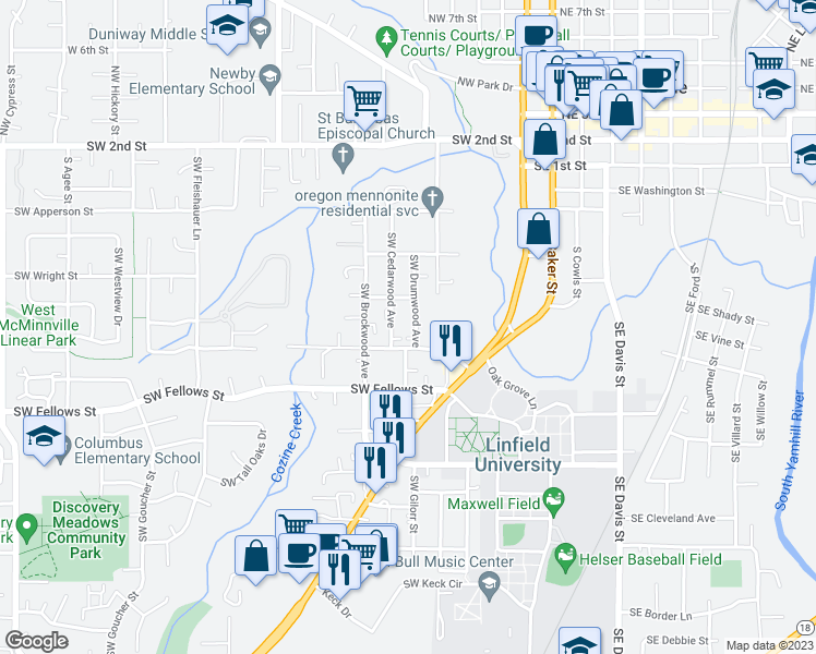 map of restaurants, bars, coffee shops, grocery stores, and more near 715 Southwest Drumwood Avenue in McMinnville