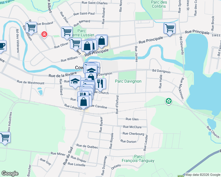map of restaurants, bars, coffee shops, grocery stores, and more near 113 Rue Buzzell in Cowansville