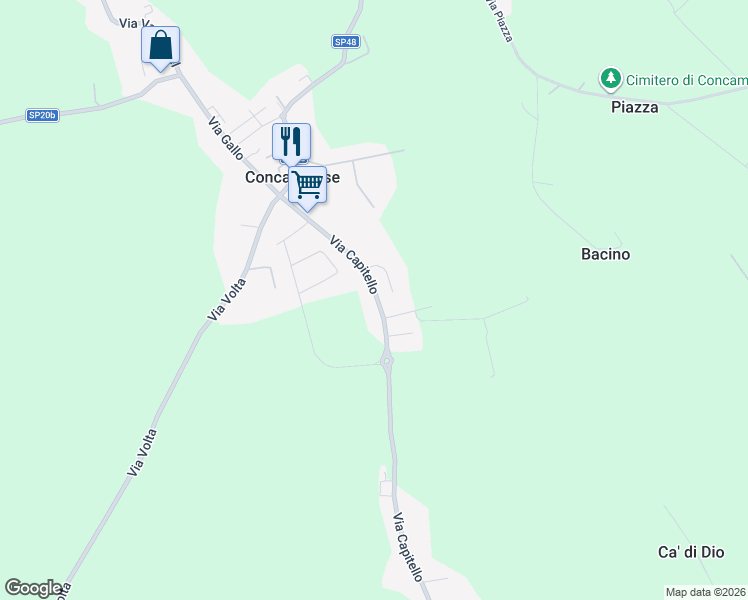 map of restaurants, bars, coffee shops, grocery stores, and more near 76 Via Capitello in Piazza
