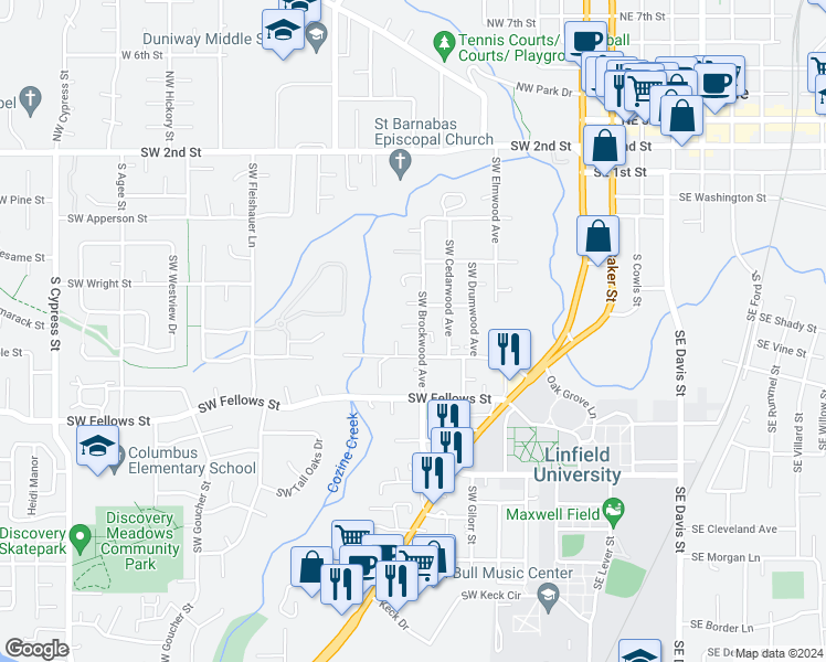 map of restaurants, bars, coffee shops, grocery stores, and more near 635 SW Brockwood Ave in McMinnville