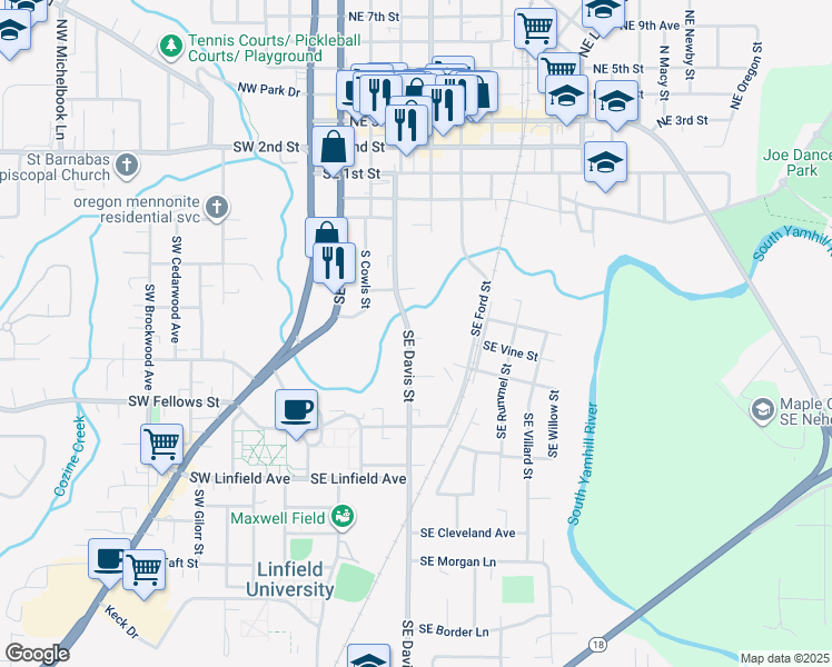 map of restaurants, bars, coffee shops, grocery stores, and more near 732 Southeast Davis Street in McMinnville