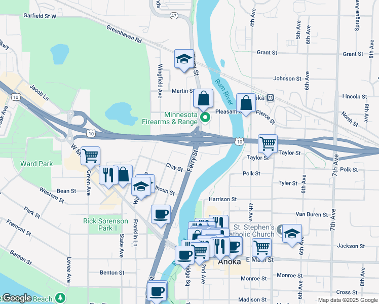 map of restaurants, bars, coffee shops, grocery stores, and more near 2403 North Ferry Street in Anoka
