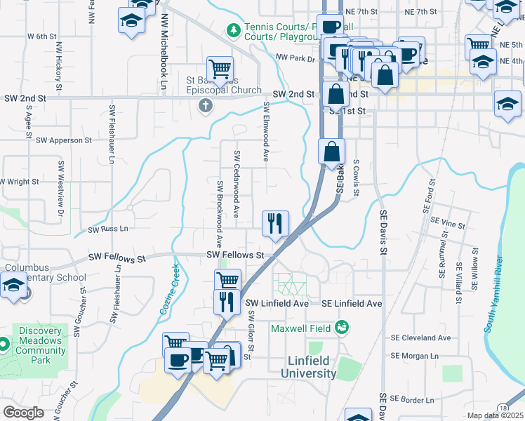 map of restaurants, bars, coffee shops, grocery stores, and more near 634 Southwest Drumwood Avenue in McMinnville