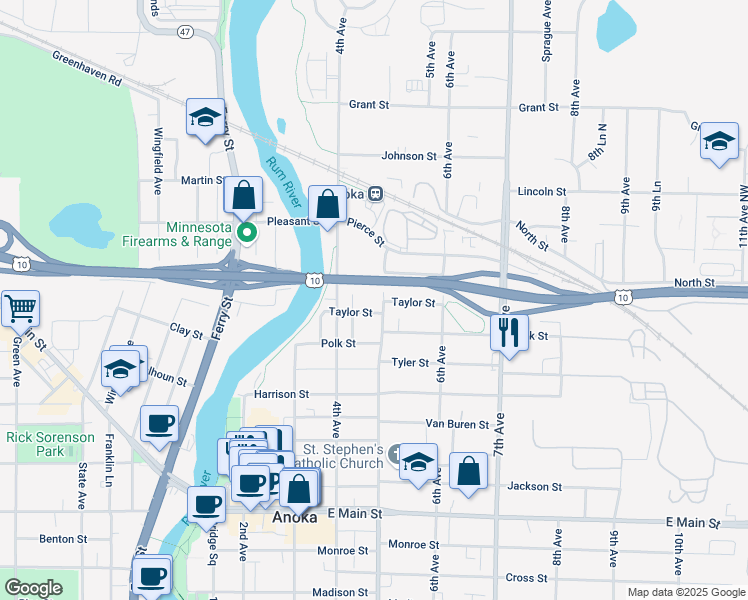map of restaurants, bars, coffee shops, grocery stores, and more near 433 Taylor Street in Anoka