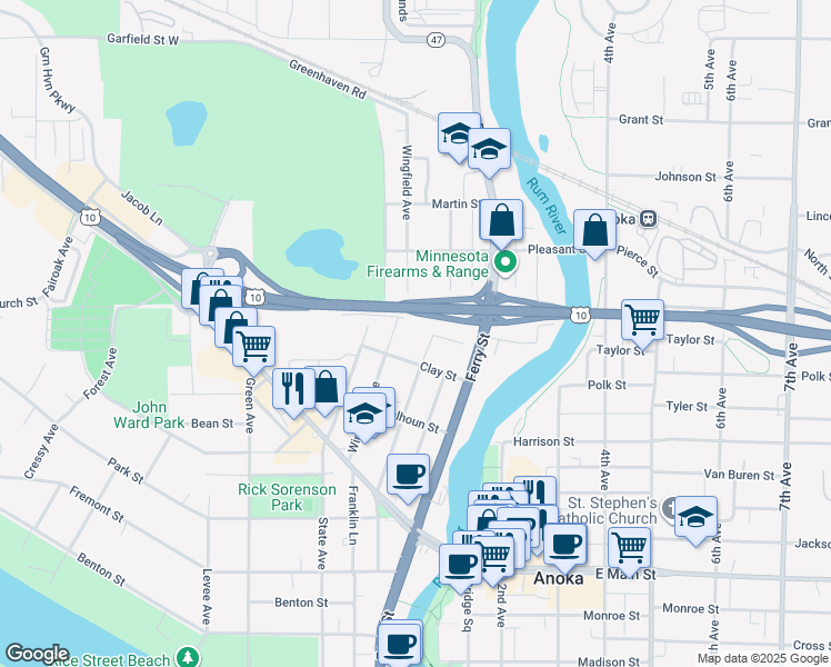 map of restaurants, bars, coffee shops, grocery stores, and more near 2321 Branch Avenue in Anoka
