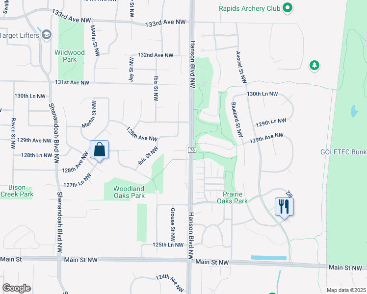 map of restaurants, bars, coffee shops, grocery stores, and more near 1601 128th Lane Northwest in Coon Rapids