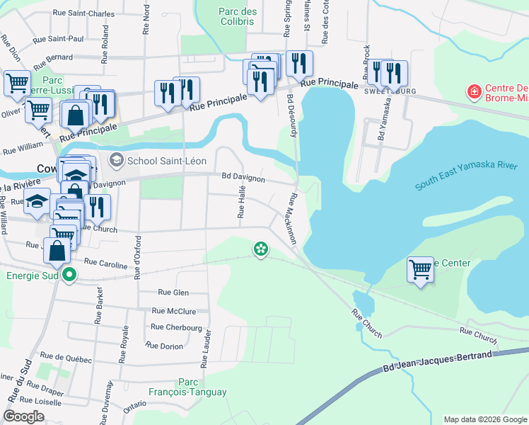 map of restaurants, bars, coffee shops, grocery stores, and more near 208 Rue Stevenson in Cowansville