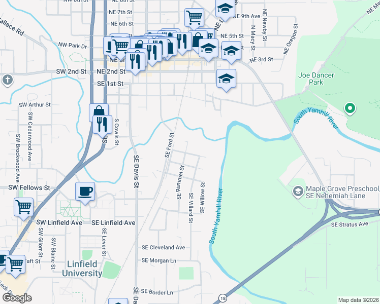 map of restaurants, bars, coffee shops, grocery stores, and more near 725 Southeast Villard Street in McMinnville