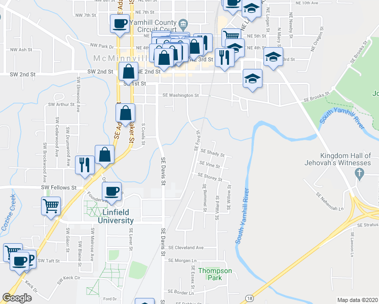 map of restaurants, bars, coffee shops, grocery stores, and more near 741 Southeast Ford Street in McMinnville