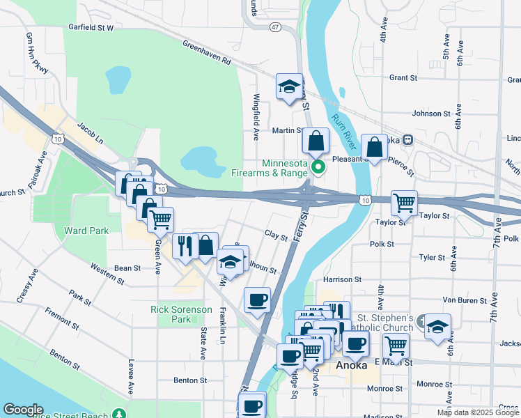 map of restaurants, bars, coffee shops, grocery stores, and more near 209 Clay Street in Anoka