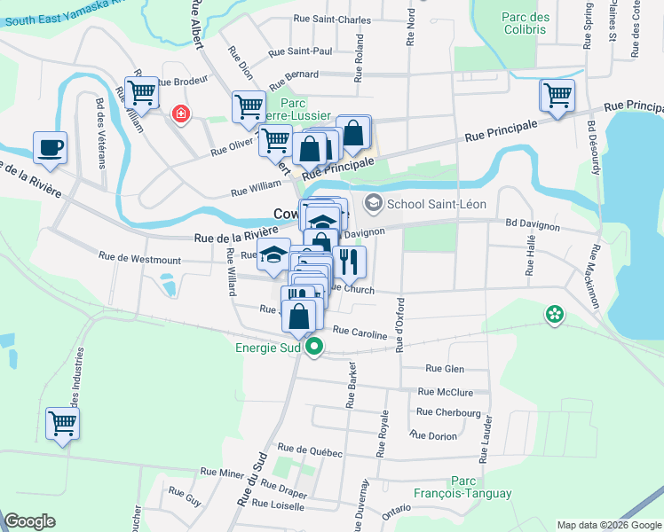 map of restaurants, bars, coffee shops, grocery stores, and more near 409 Rue du Sud in Cowansville