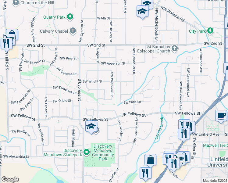 map of restaurants, bars, coffee shops, grocery stores, and more near 638 Southwest Westview Drive in McMinnville