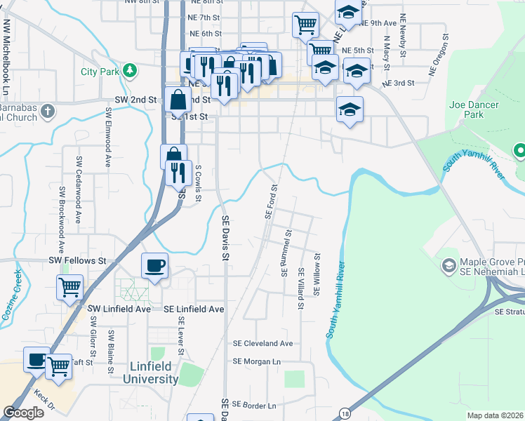 map of restaurants, bars, coffee shops, grocery stores, and more near 711 Southeast Ford Street in McMinnville