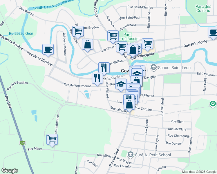 map of restaurants, bars, coffee shops, grocery stores, and more near 201 Rue Willard in Cowansville