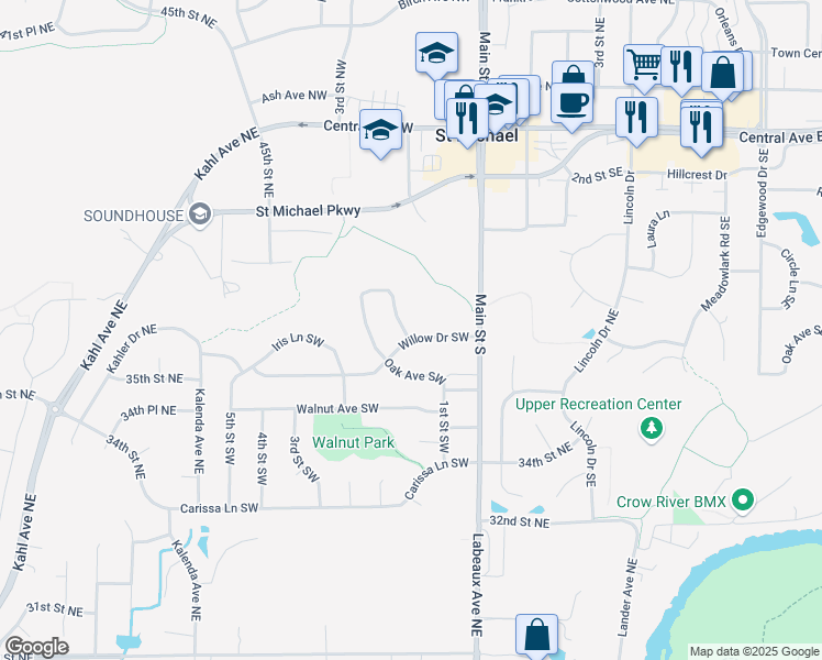 map of restaurants, bars, coffee shops, grocery stores, and more near 112 Willow Drive Southwest in Saint Michael