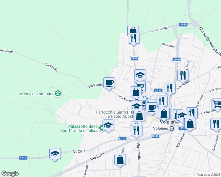 map of restaurants, bars, coffee shops, grocery stores, and more near 56 Via Vauda in Volpiano