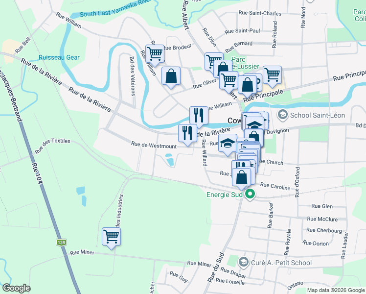 map of restaurants, bars, coffee shops, grocery stores, and more near 114 A Rue de Westmount in Cowansville