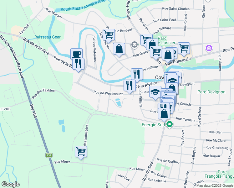 map of restaurants, bars, coffee shops, grocery stores, and more near 128 C Rue de Westmount in Cowansville