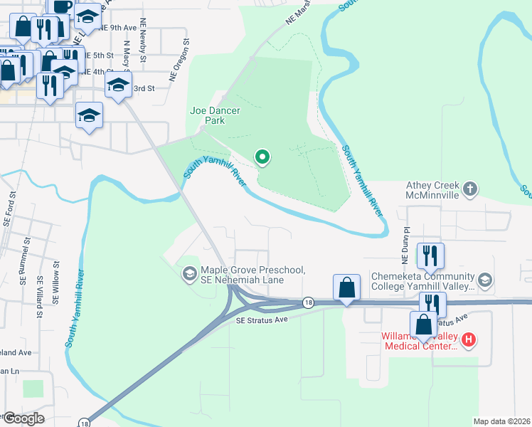 map of restaurants, bars, coffee shops, grocery stores, and more near 2110 Northeast Village Court in McMinnville