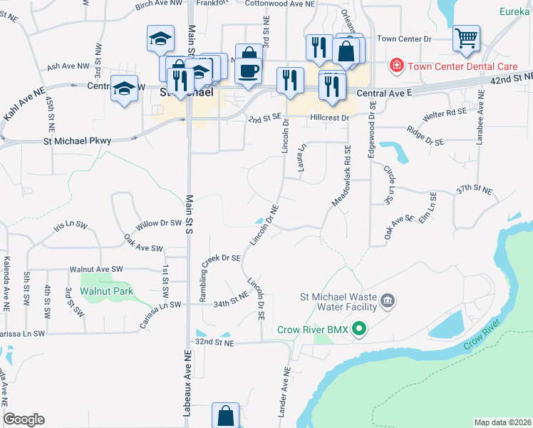 map of restaurants, bars, coffee shops, grocery stores, and more near 316 Lincoln Drive Northeast in Saint Michael