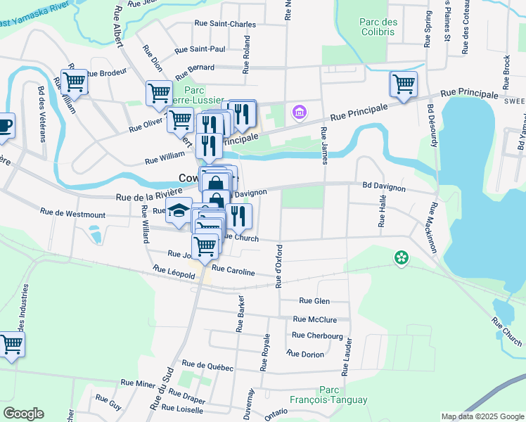 map of restaurants, bars, coffee shops, grocery stores, and more near 105 Rue Buzzell in Cowansville