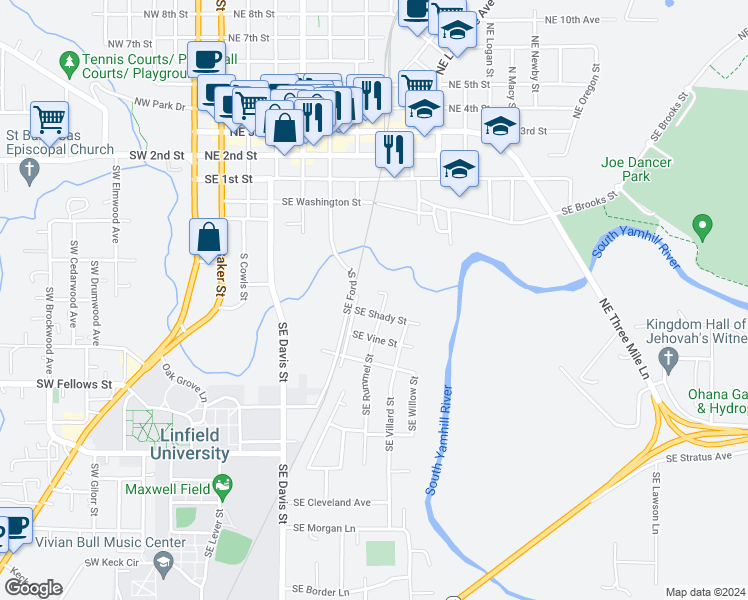 map of restaurants, bars, coffee shops, grocery stores, and more near 651 South Rummel Street in McMinnville