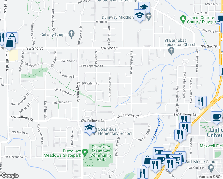map of restaurants, bars, coffee shops, grocery stores, and more near 592 Southwest Westview Drive in McMinnville