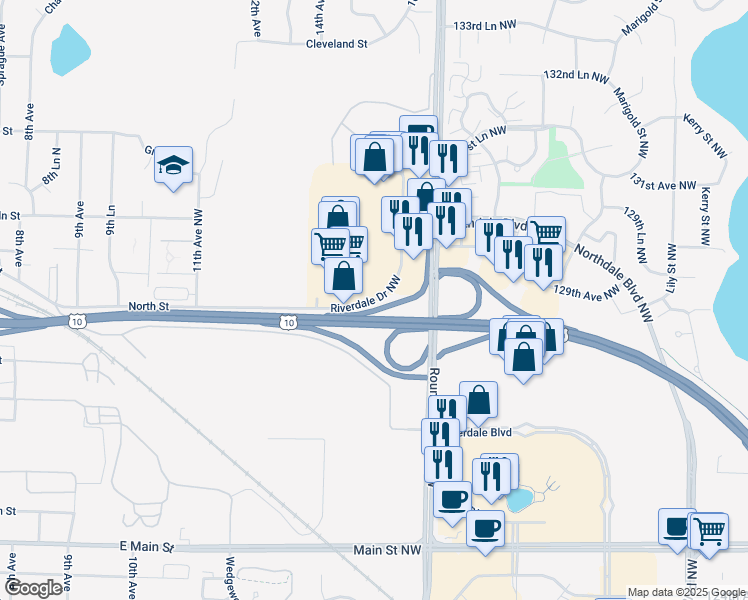 map of restaurants, bars, coffee shops, grocery stores, and more near 12785 Riverdale Drive Northwest in Coon Rapids